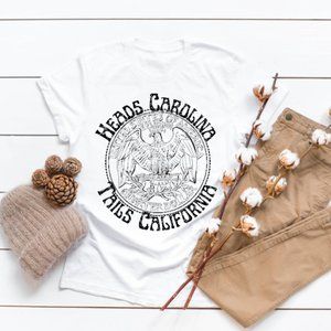 Heads Carolina Tails California graphic t-shirt. Select size